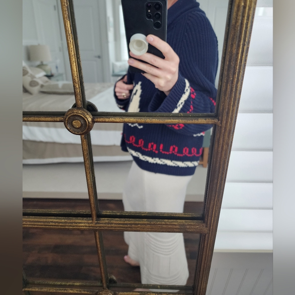 THE GREAT. Navy Sailboat Knit Cardigan with Cream and Red Accents - Picture 13 of 13